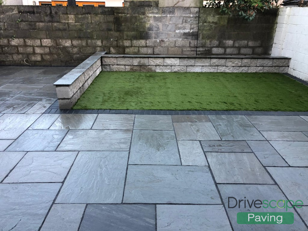 Kendal Grey Limestone Patio with Artificial Grass in Carpenterstown, Dublin